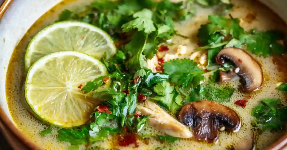 Thai chicken soup with lime slices, mushrooms, cilantro, and chili flakes in broth
