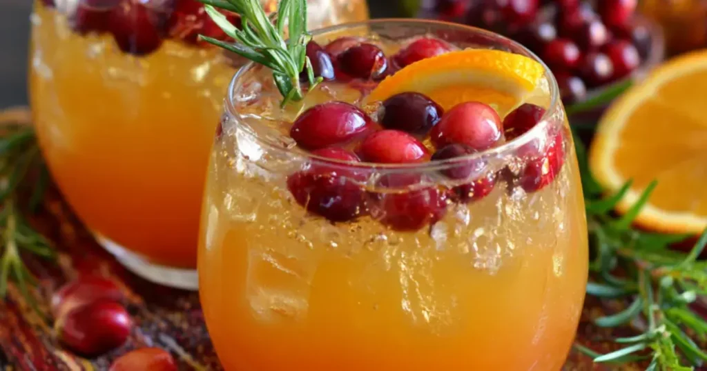 Cranberry orange mocktail with ice, rosemary garnish, and festive holiday background