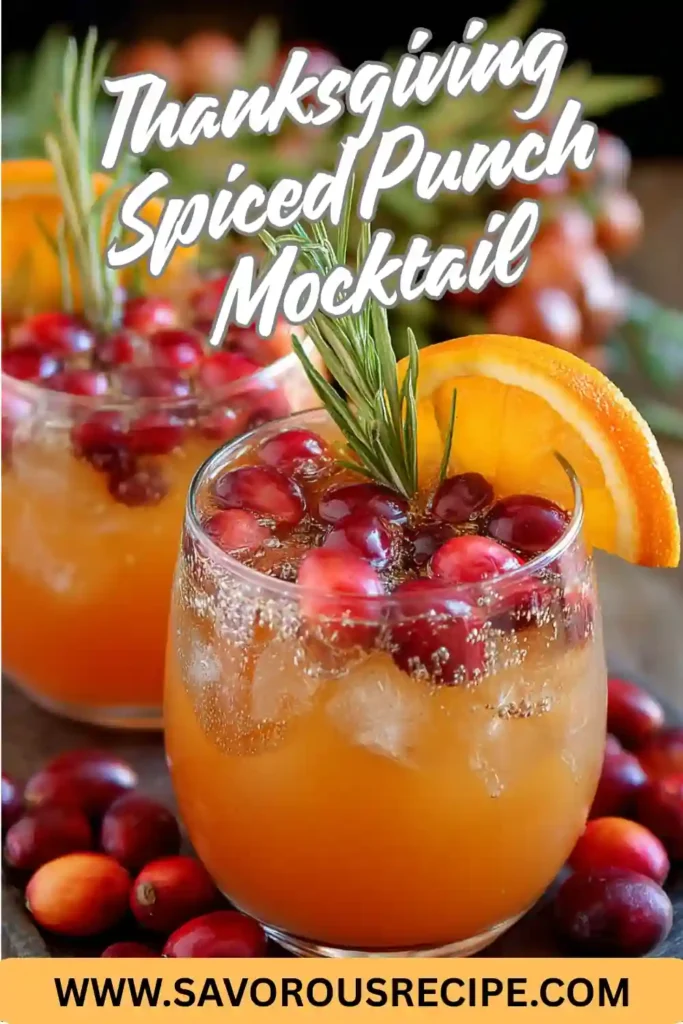 Tall Pinterest image of Thanksgiving spiced mocktail with cranberries, orange slice, and rosemary