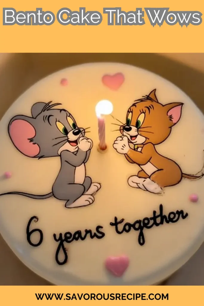 Tom and Jerry bento cake with candle and "6 years together" text, styled for Pinterest