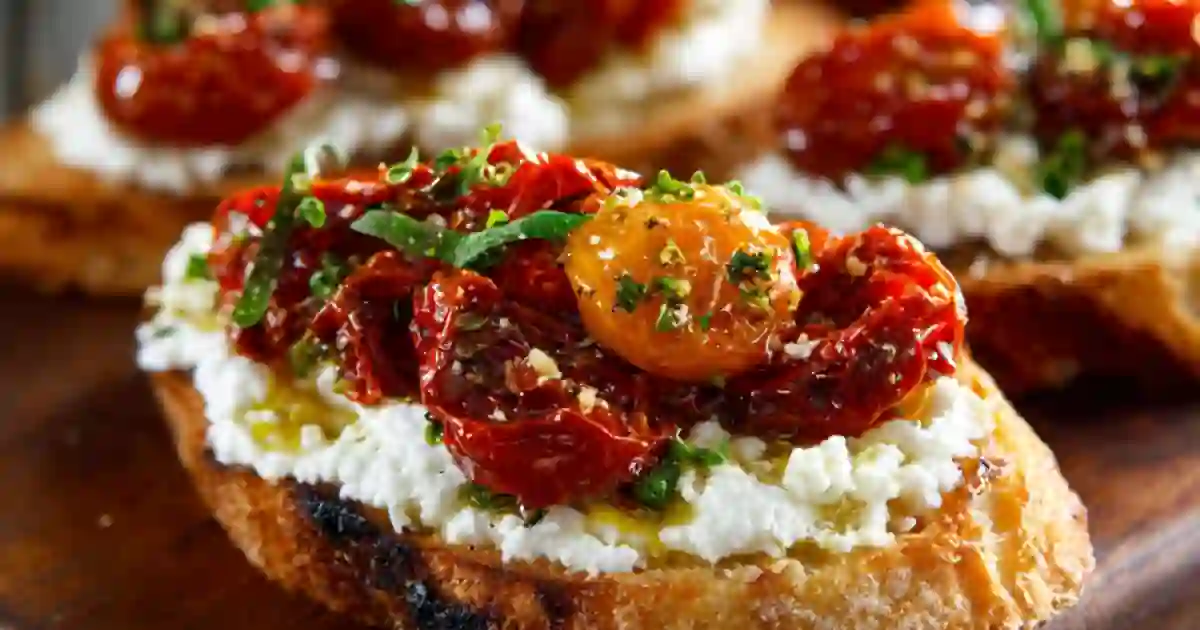 Toasted crostini with whipped ricotta, roasted cherry tomatoes, herbs, and olive oil