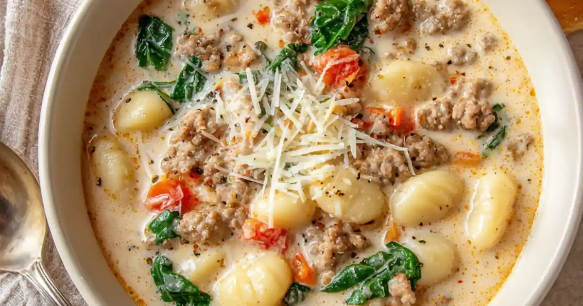 creamy Tuscan gnocchi soup with sausage, spinach, tomatoes, and shaved parmesan in a white bowl