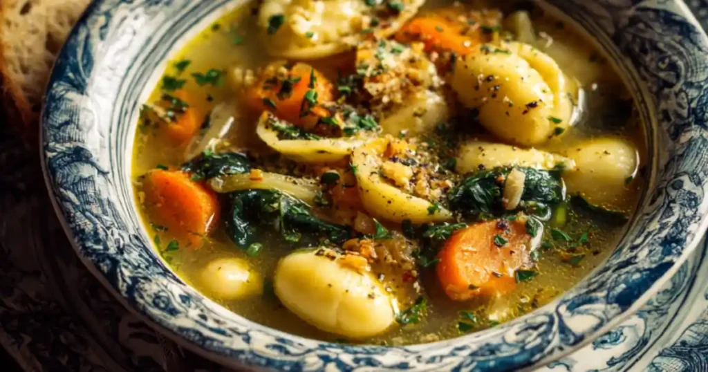 clear broth gnocchi soup with carrots, spinach, herbs, and garlic in a blue and white patterned bowl