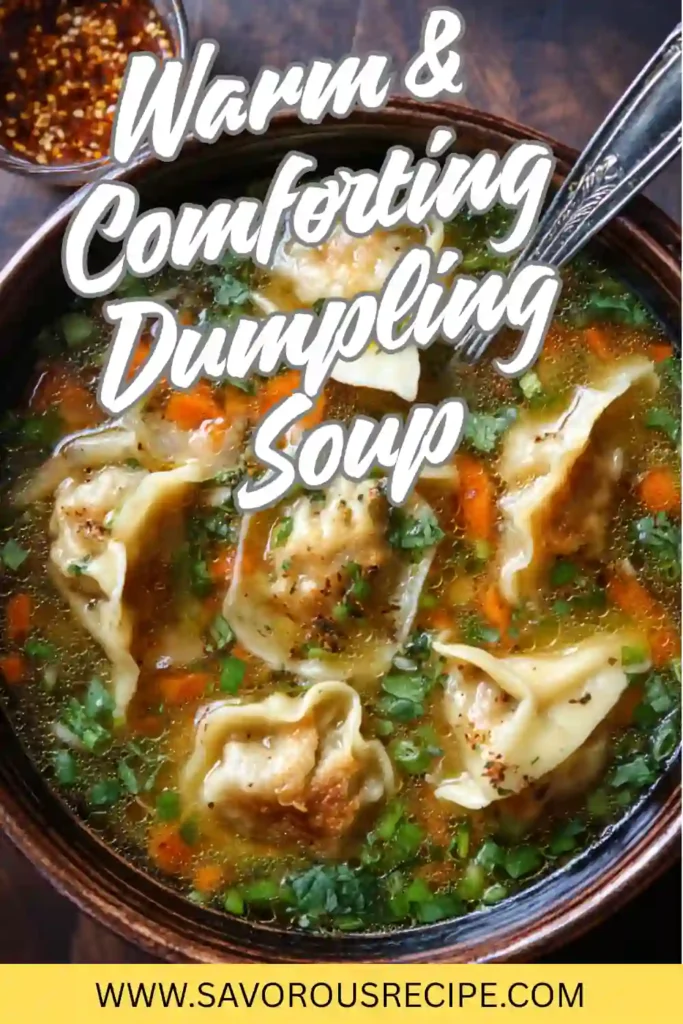 dumpling soup with fresh herbs, carrots, and scallions in a rustic bowl