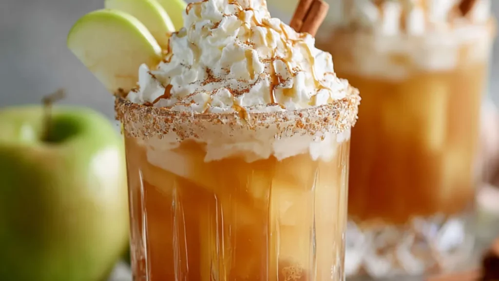 whipped caramel apple cider mocktail with green apple slices, cinnamon rim, and caramel drizzle