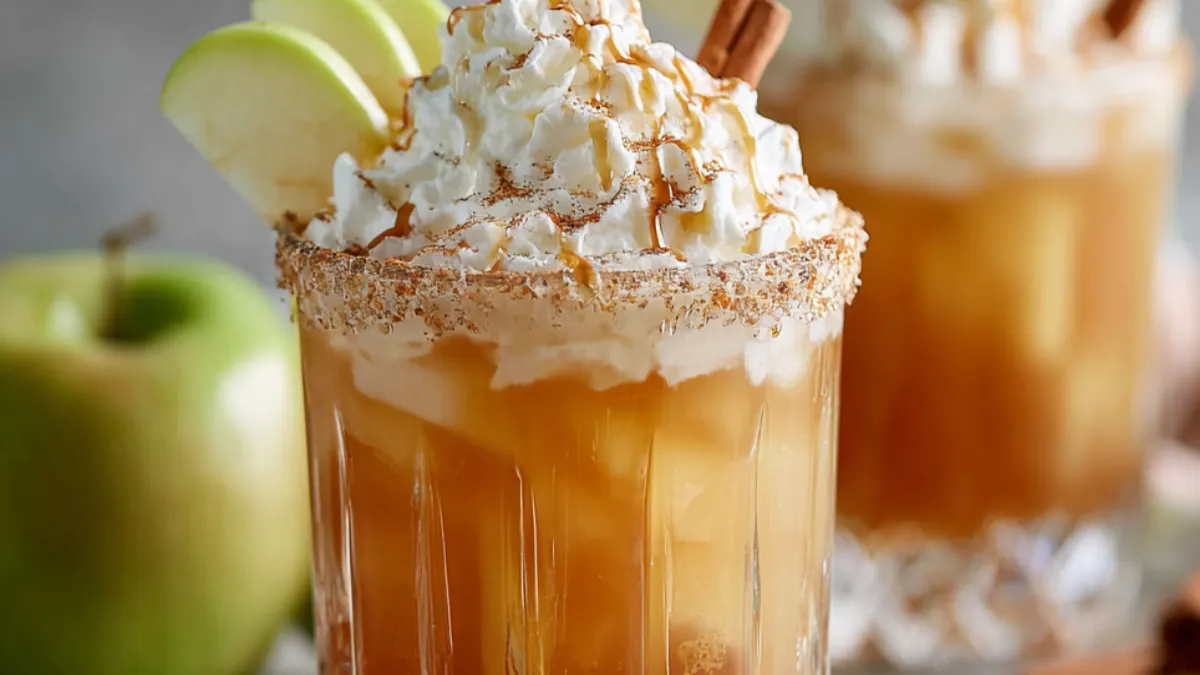 whipped caramel apple cider mocktail with green apple slices, cinnamon rim, and caramel drizzle
