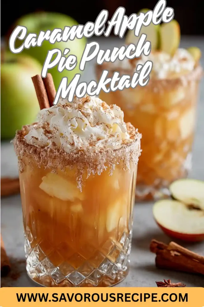 whipped caramel apple pie mocktail in glass tumbler with cinnamon rim and apple slices