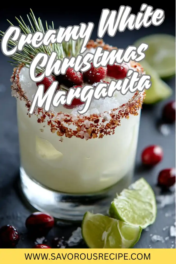 Creamy Christmas margarita in a clear glass with sugared rim, cranberries, pine sprig, and lime wedges