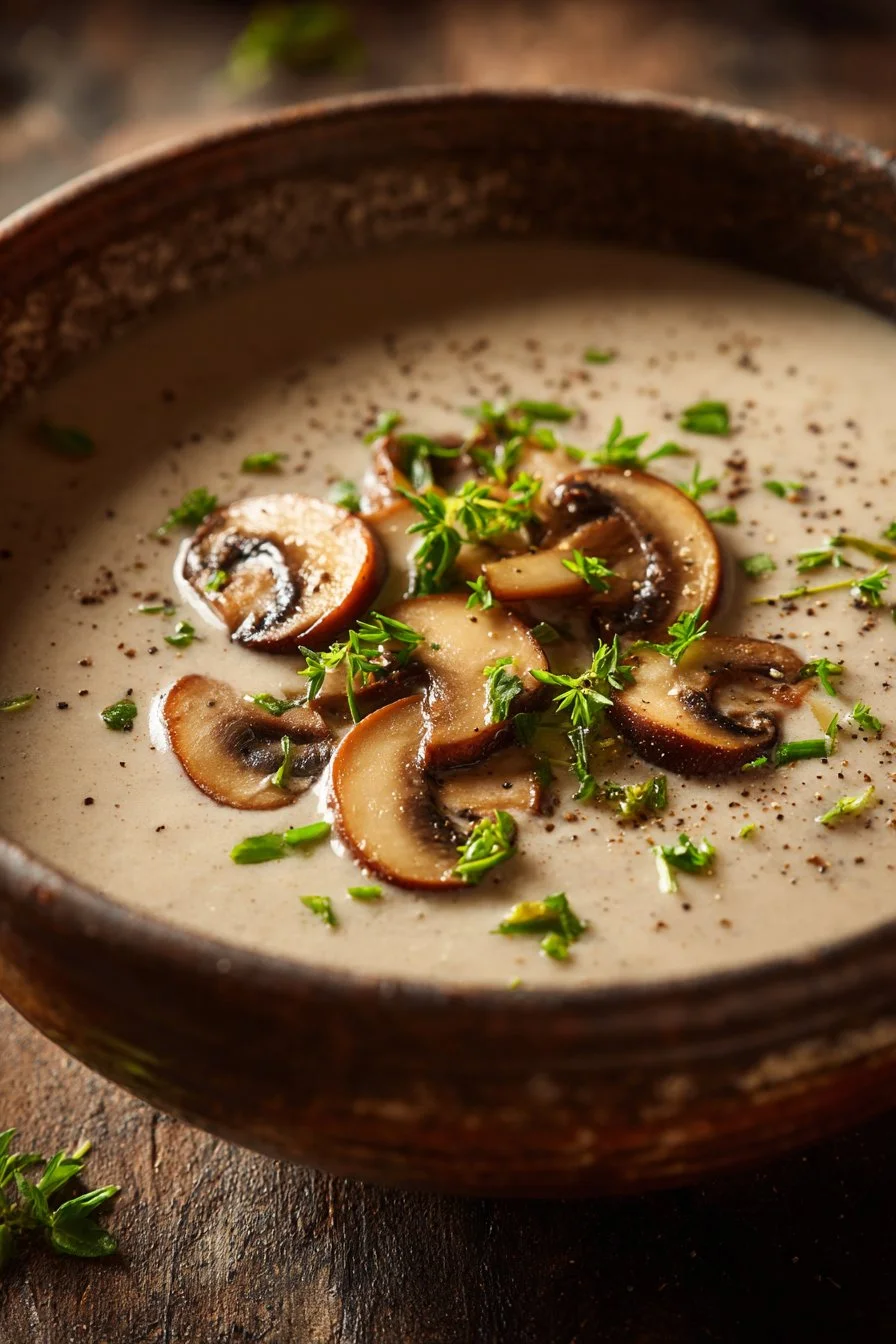 Bowl of low calorie high protein soup with fresh vegetables and herbs