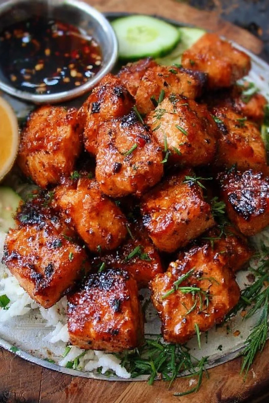 Crispy Air Fryer Bang Bang Salmon Bites served on a plate