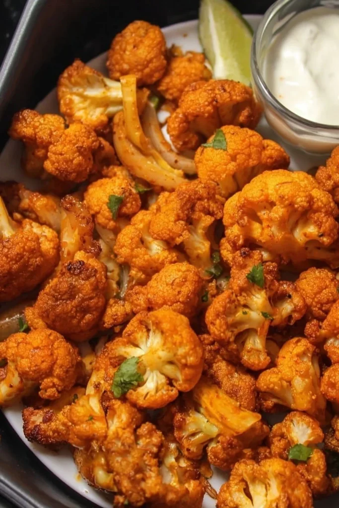 Crispy Air Fryer Buffalo Cauliflower served in a bowl with dipping sauce