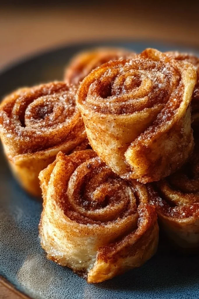 Air Fryer cinnamon sugar tortilla rolls stacked on a plate