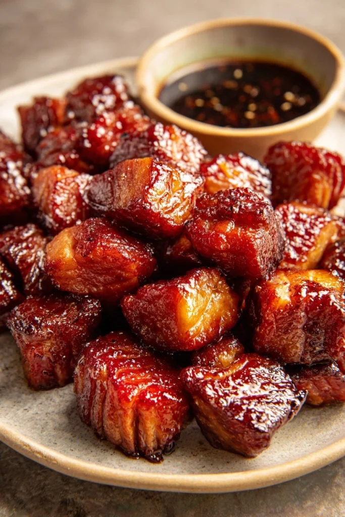 Air fryer hot dog burnt ends served with BBQ sauce and garnished