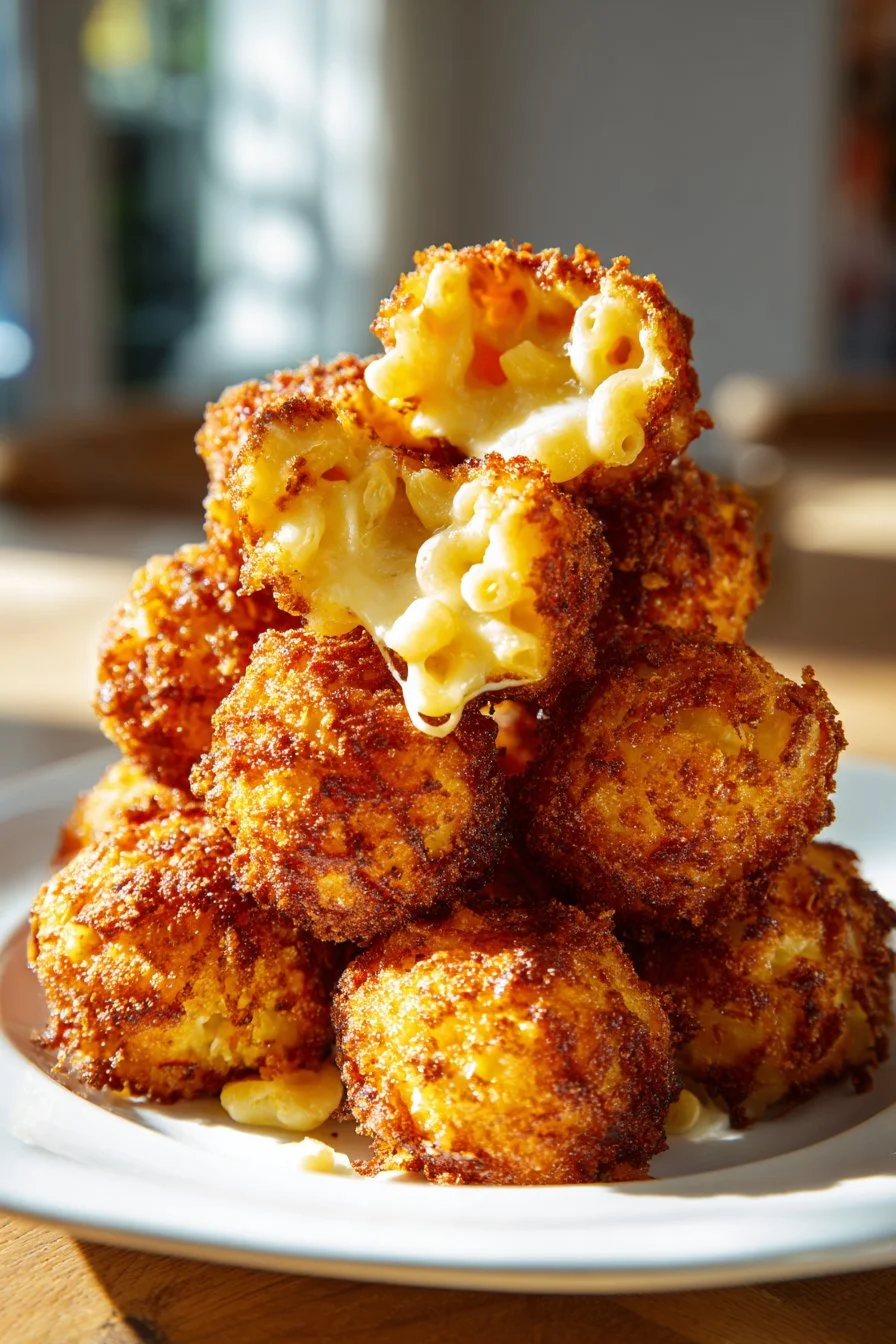 Golden-brown air fryer mac and cheese balls served with dipping sauce