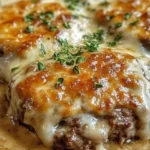 Amish Hamburger Steak Bake featuring juicy hamburger steak topped with savory gravy.