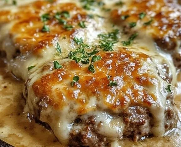 Amish Hamburger Steak Bake featuring juicy hamburger steak topped with savory gravy.