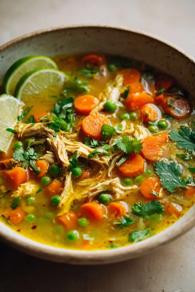 Bowl of anti-inflammatory turmeric chicken soup garnished with herbs