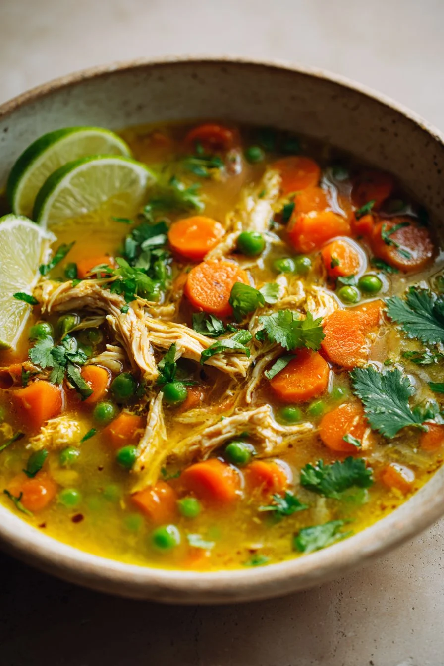 Bowl of anti-inflammatory turmeric chicken soup garnished with herbs