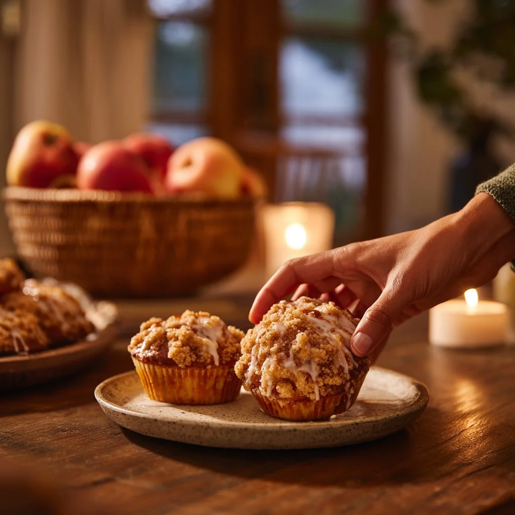 Apple cheesecake buns with crumble topping and sweet glaze on a plate.