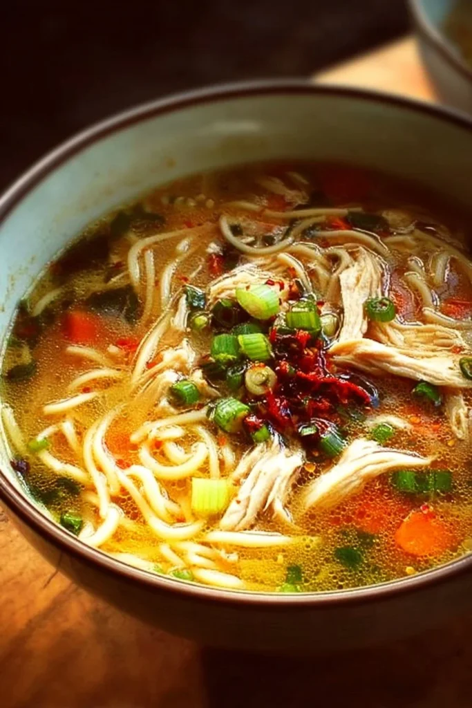 Bowl of aromatic Ginger Garlic Chicken Noodle Soup garnished with fresh herbs