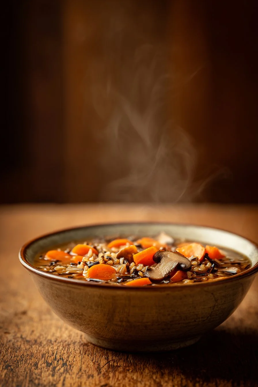 Bowl of Autumn Wild Rice Soup garnished with herbs and vegetables