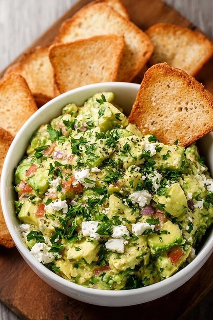 Creamy avocado feta dip served in a bowl with fresh herbs and bread
