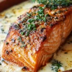 Delicious Baked Boursin Salmon with creamy cheese topping and herbs