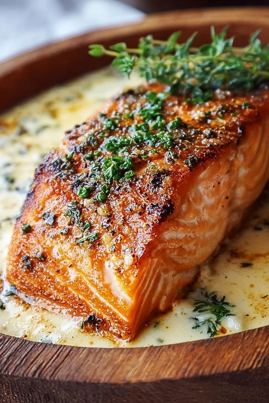 Delicious Baked Boursin Salmon with creamy cheese topping and herbs