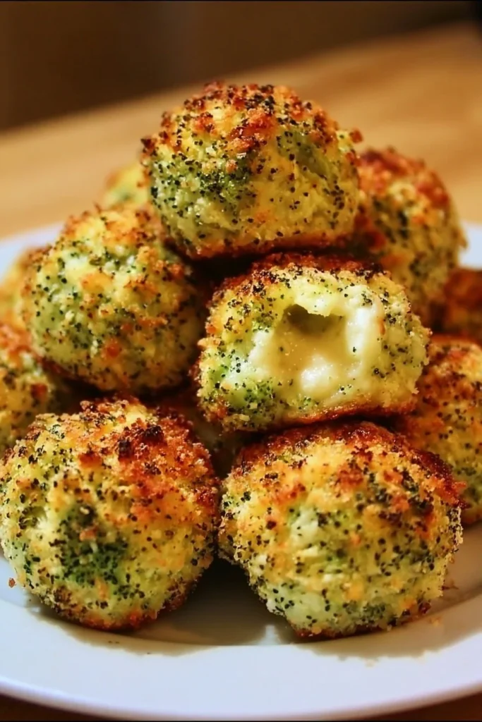 Baked broccoli cheese balls served on a plate with dipping sauce