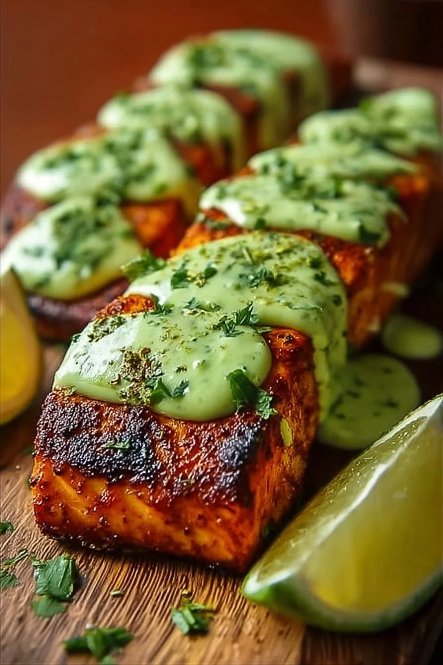 Baked Cajun Salmon with creamy avocado lime sauce served on a plate.