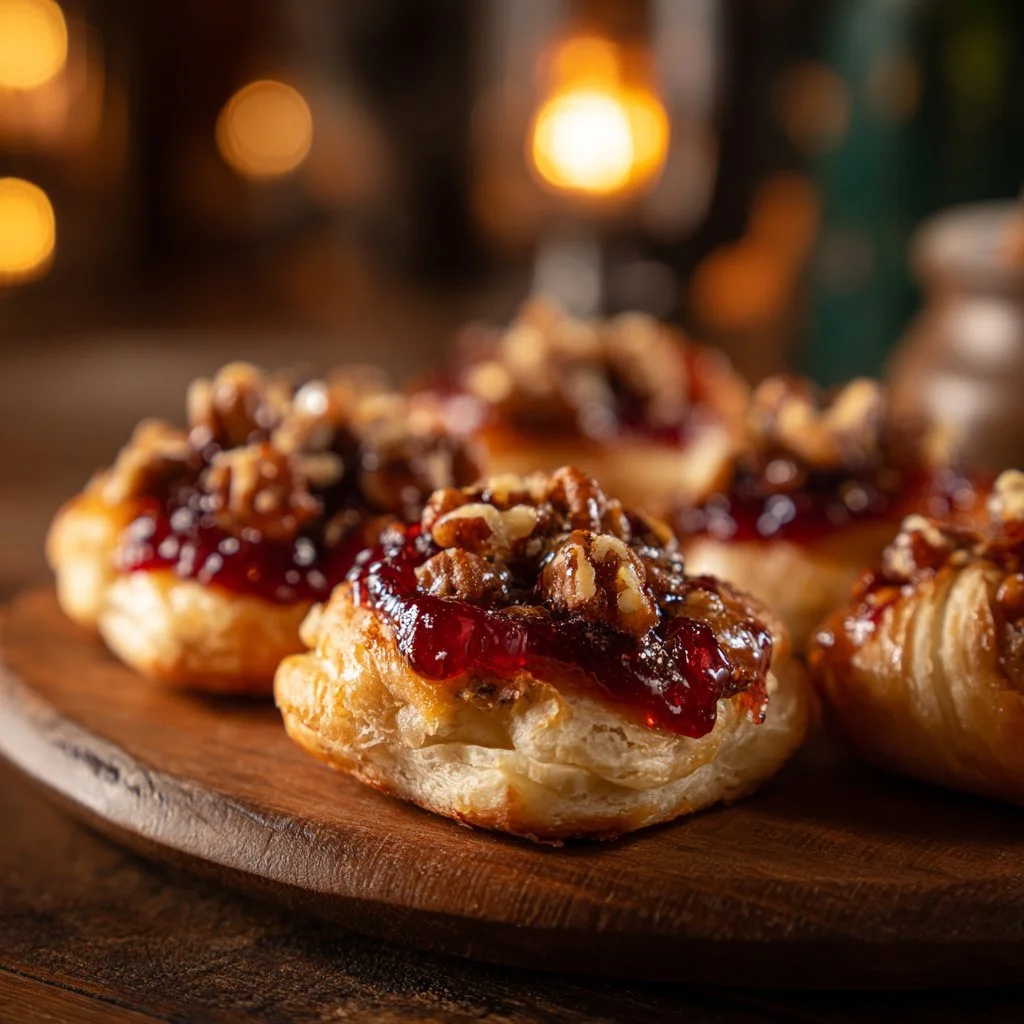 Baked Cranberry Brie Bites on a serving platter with festive garnishes.