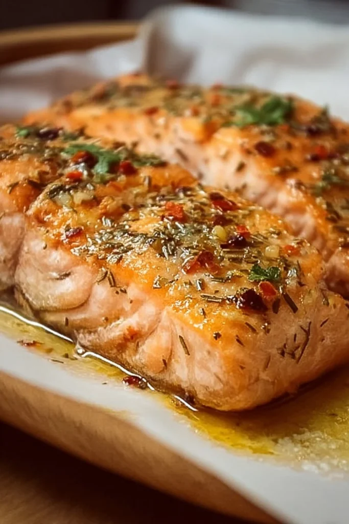 Plate of perfectly baked salmon garnished with herbs and lemon slices