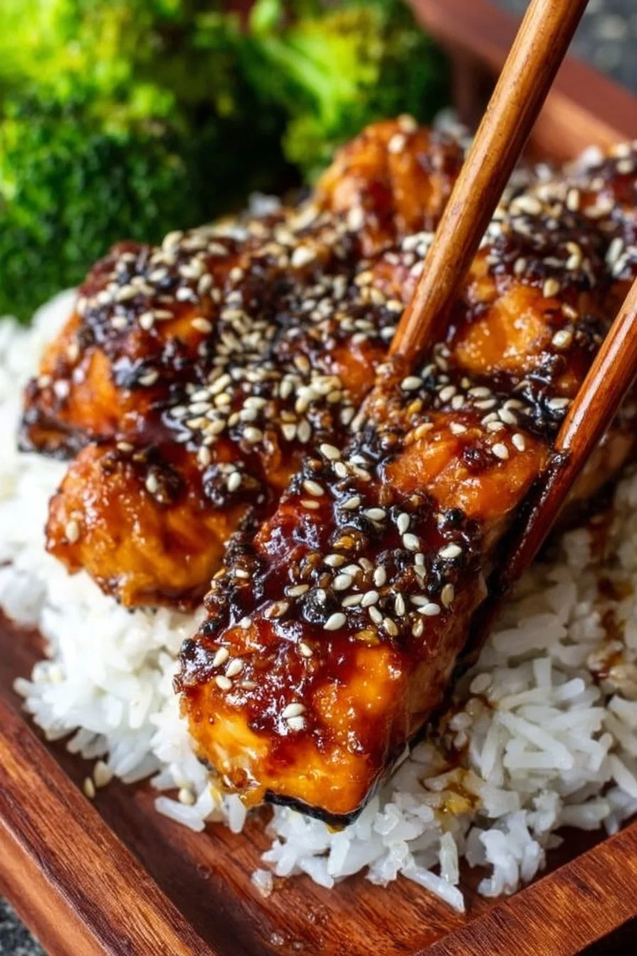 Baked teriyaki salmon with a glaze, garnished and ready to serve