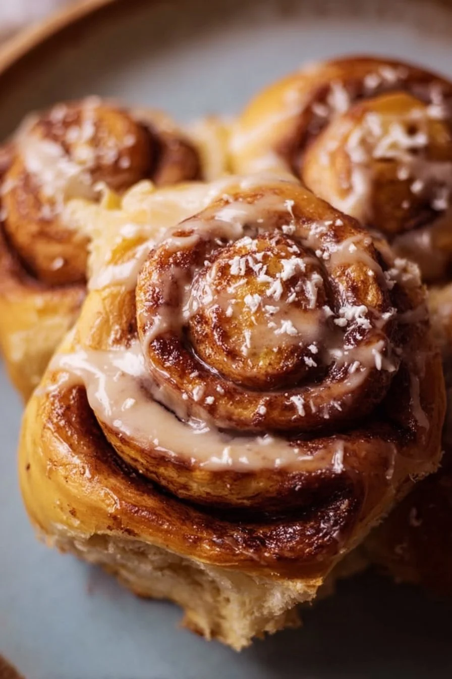 Freshly baked banana cinnamon rolls topped with icing