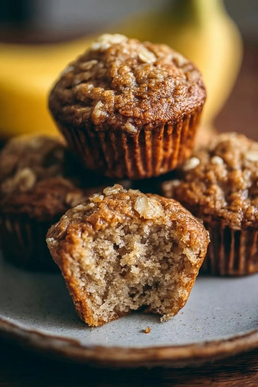 Freshly baked banana oatmeal muffins cooling on a wire rack
