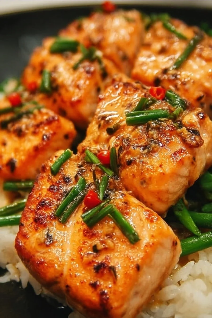 Plate of Bang Bang Salmon garnished and ready to serve