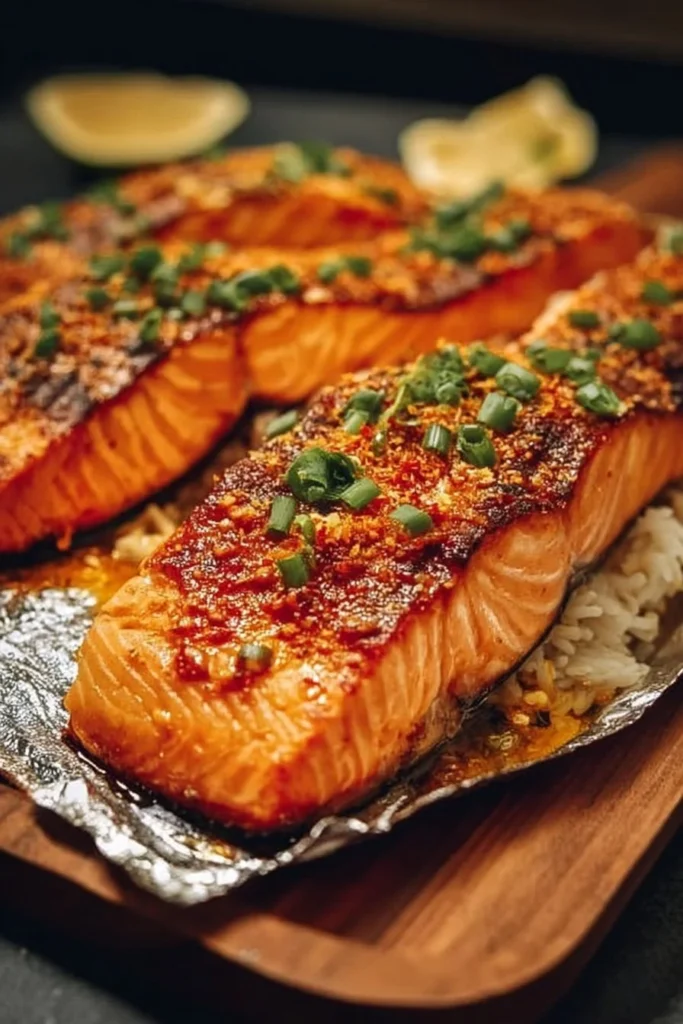 Plate of Bang Bang Salmon garnished with herbs and spices