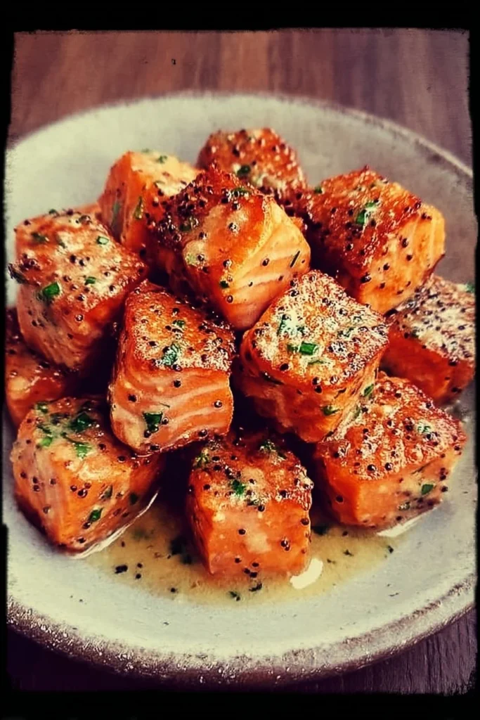 Bang Bang Salmon Bites served on a plate with dipping sauce