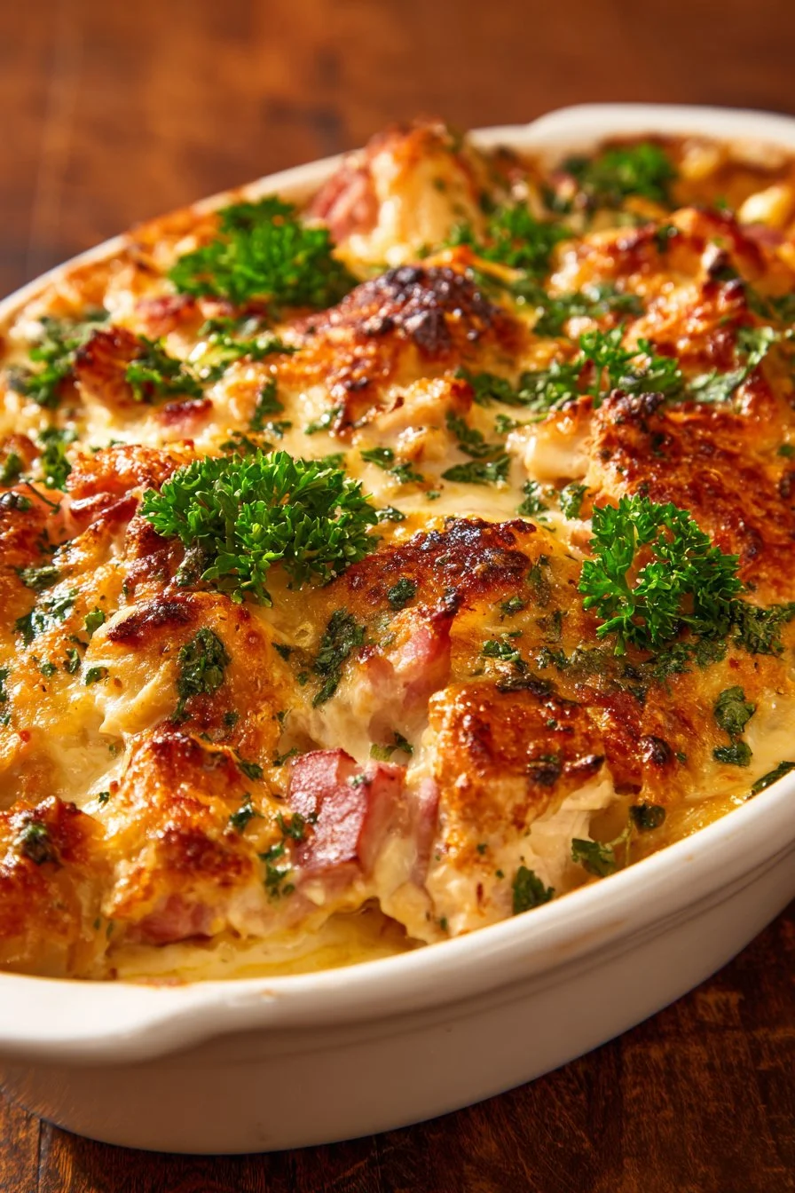 Delicious Chicken Cordon Bleu casserole topped with melted cheese and ham