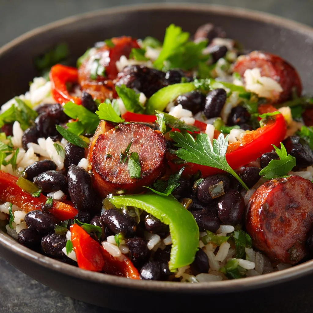 Dish of black beans and rice with sausage, garnished and served hot.