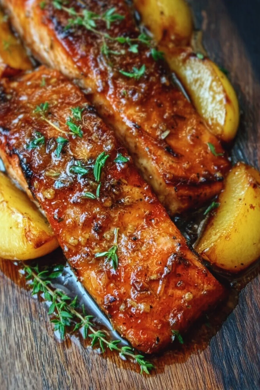 Bourbon Peach Roasted Salmon garnished with fresh herbs