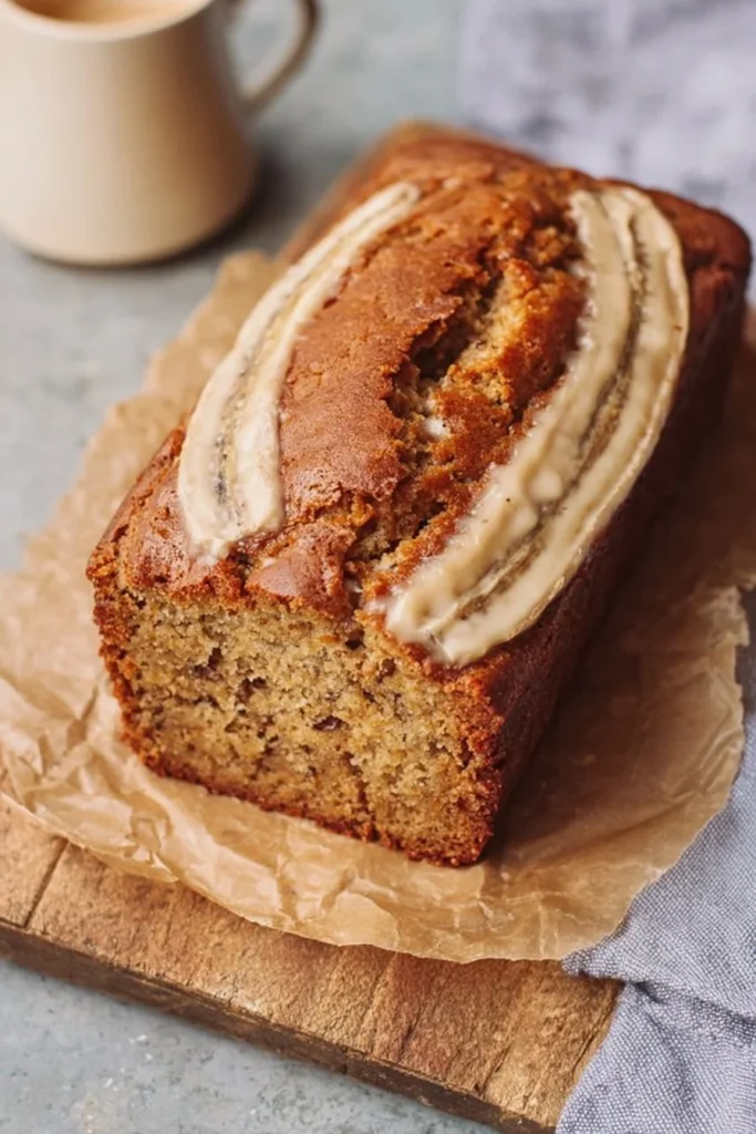 Deliciously moist brown butter banana bread sliced and served.
