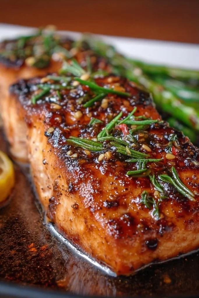 Brown Sugar Garlic Glazed Salmon served with vegetables on a plate