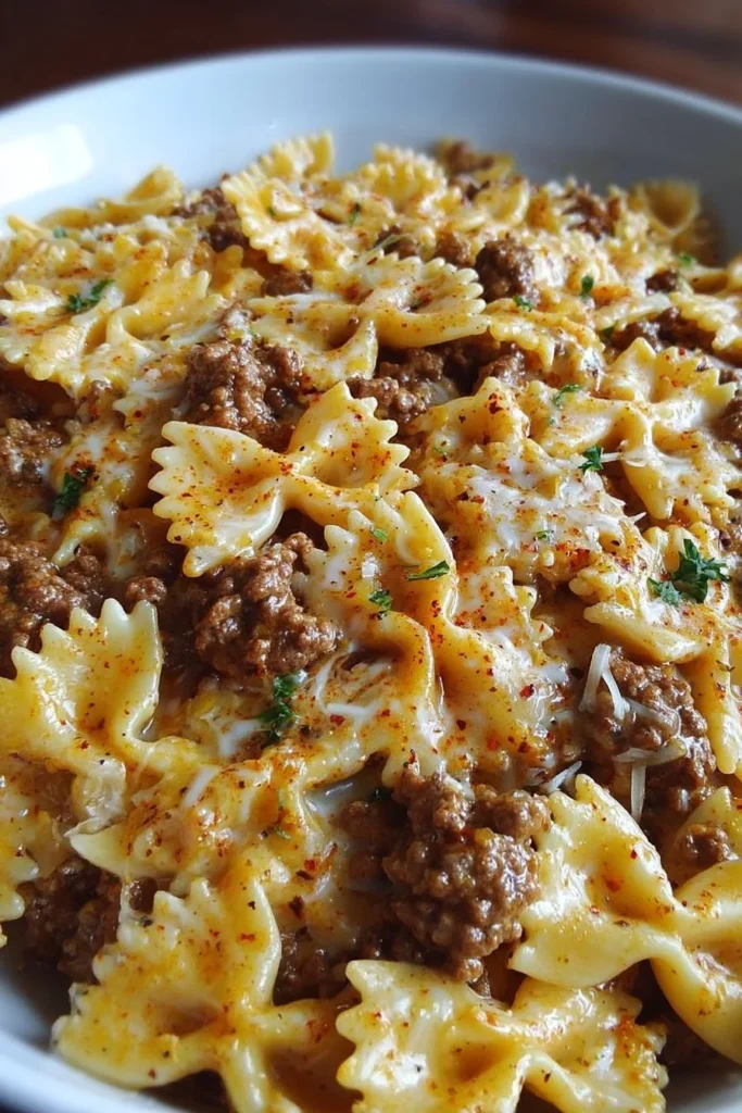 Cajun Alfredo Bowties with ground beef and cream cheese served in a bowl