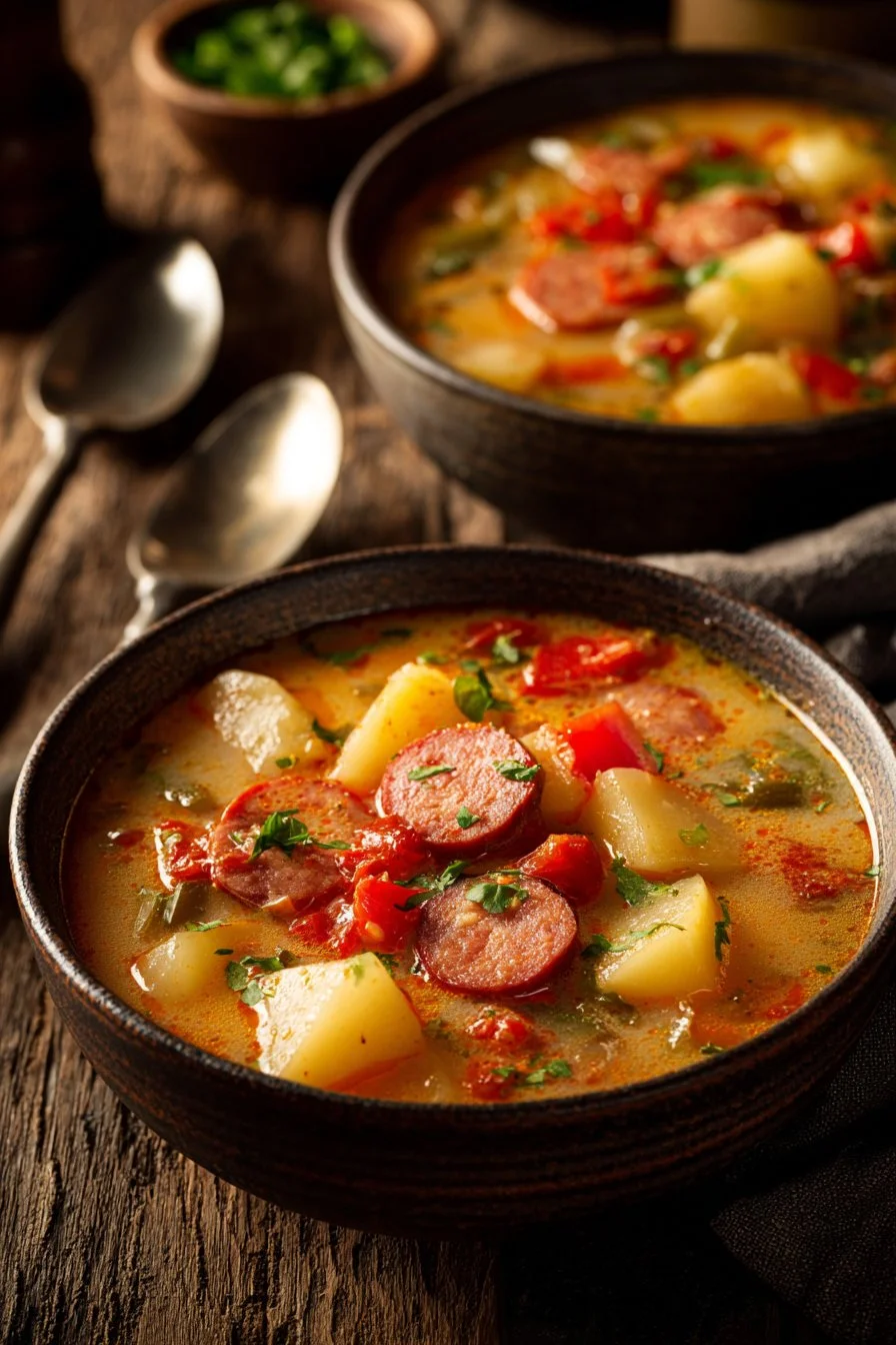 Bowl of flavorful Cajun Potato Soup with herbs and spices.