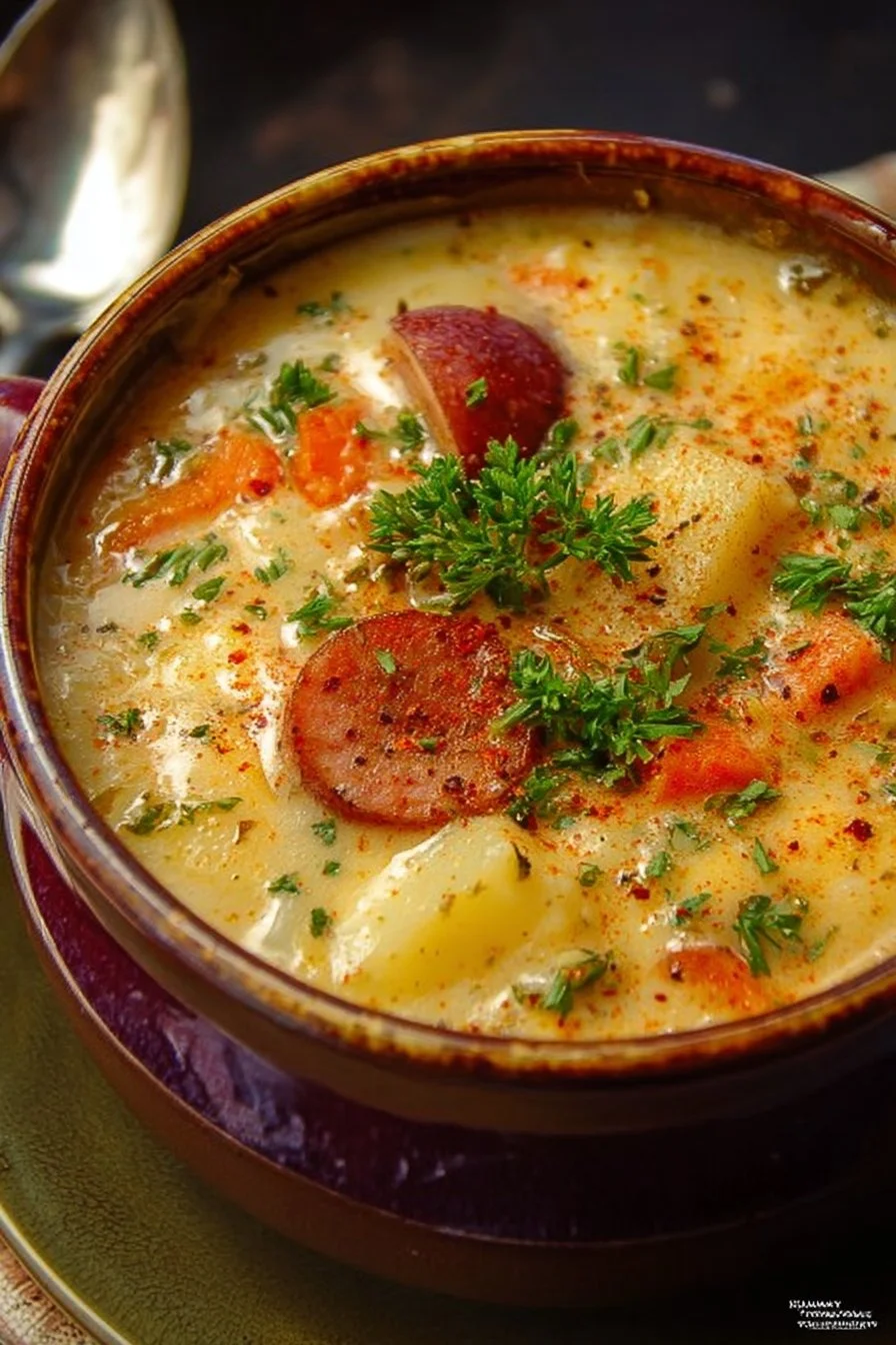 Bowl of delicious Cajun Potato Soup with spices and herbs