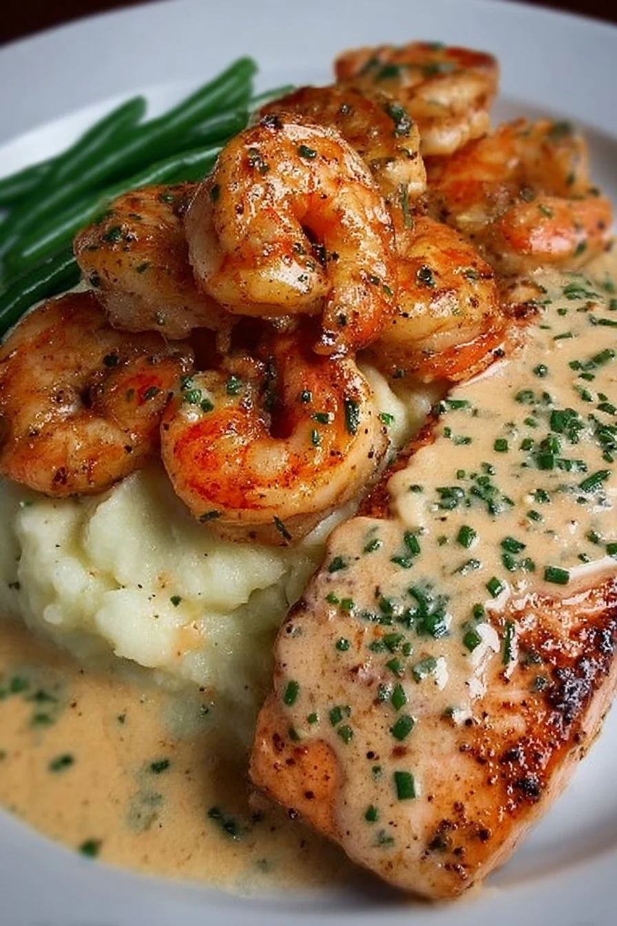 Cajun shrimp and salmon served in garlic cream sauce garnished with herbs