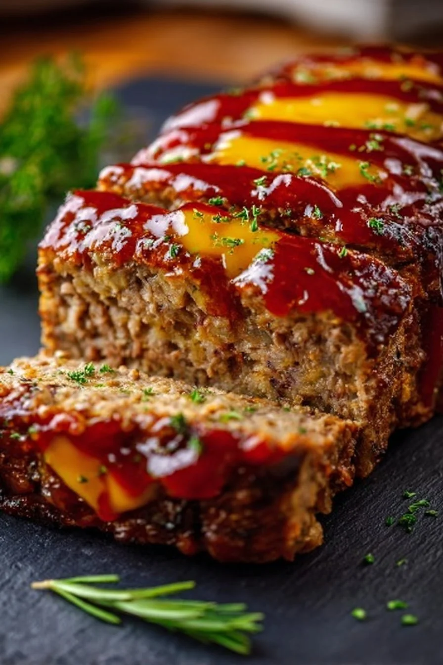 Delicious cheeseburger meatloaf garnished with ketchup and herbs