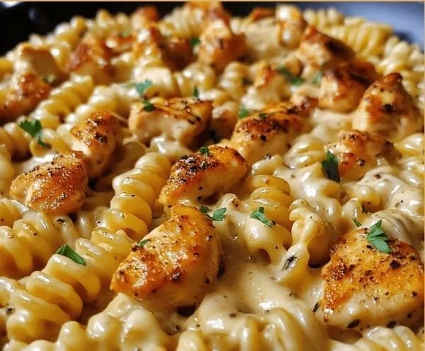 Cheesy Cajun Garlic Chicken Rotini Skillet served in a cozy setting