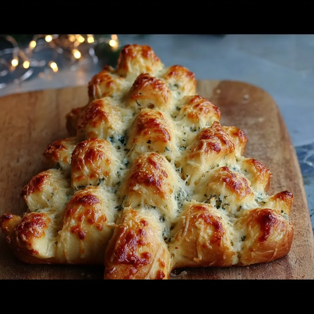 Cheesy Christmas Tree Bread shaped like a festive tree, perfect for holiday celebrations.